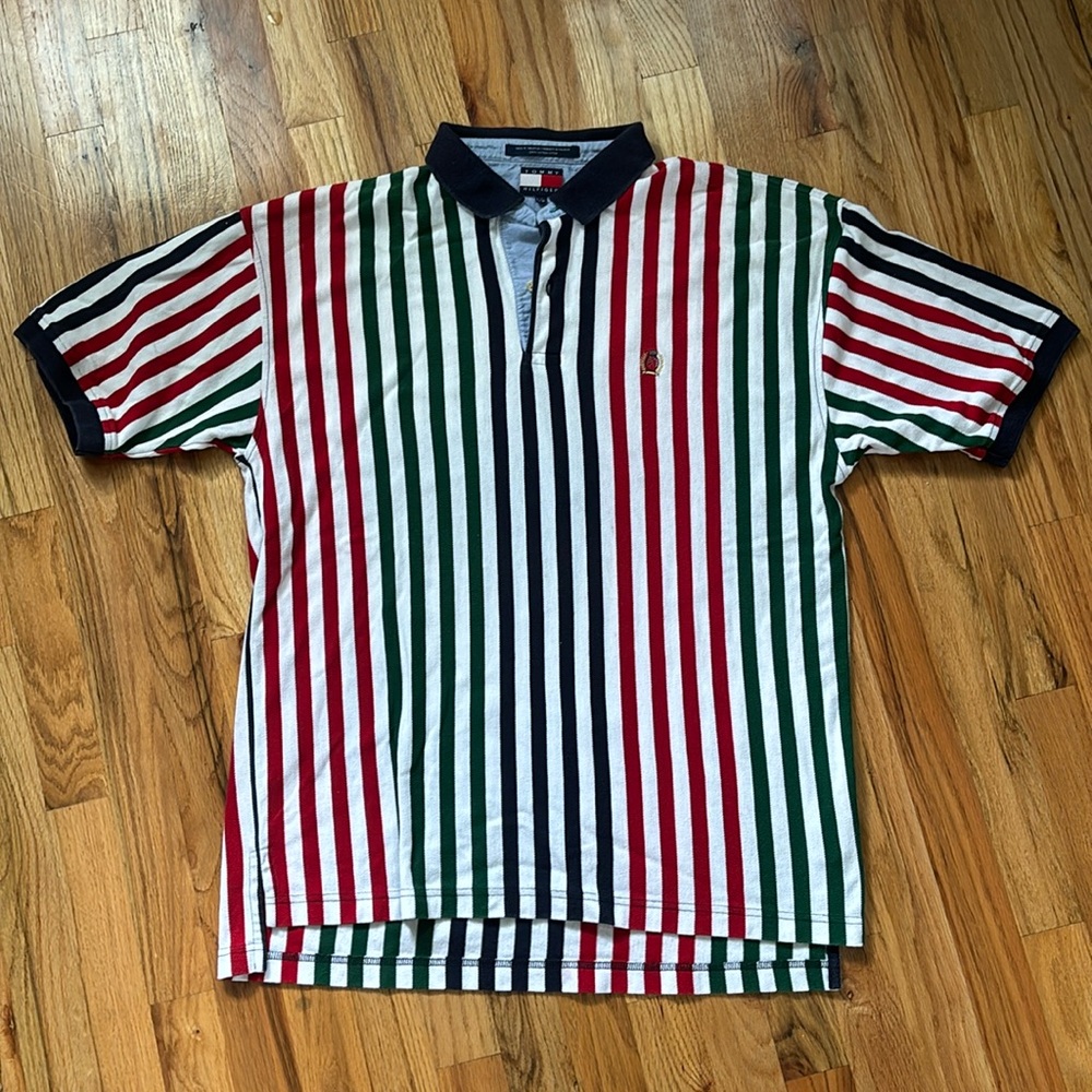 Vintage Y2K Tommy Hilfiger Striped Polo Shirt Top Crest Multicolored 90s VTG L - Picture 2 of 8